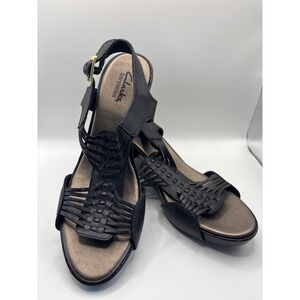 Clarks Bendables Black Leather Strappy Wedge Sandals Gold Buckle Womens Size 7.5